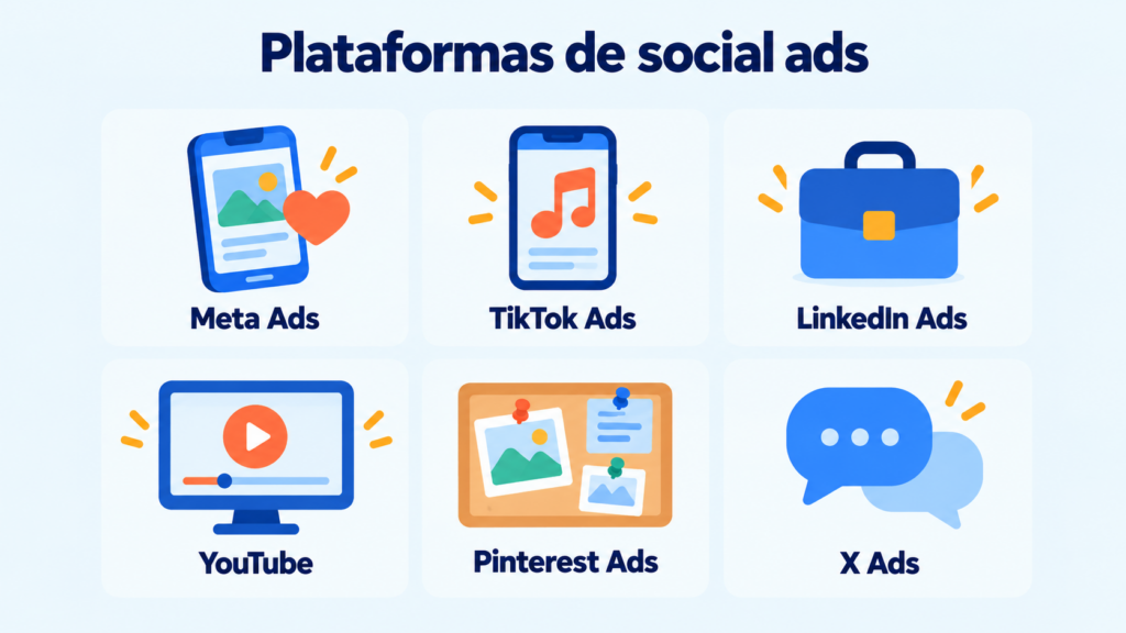 Infographic of the main social ads platforms: Meta Ads, TikTok Ads, LinkedIn Ads, YouTube, Pinterest Ads and X Ads