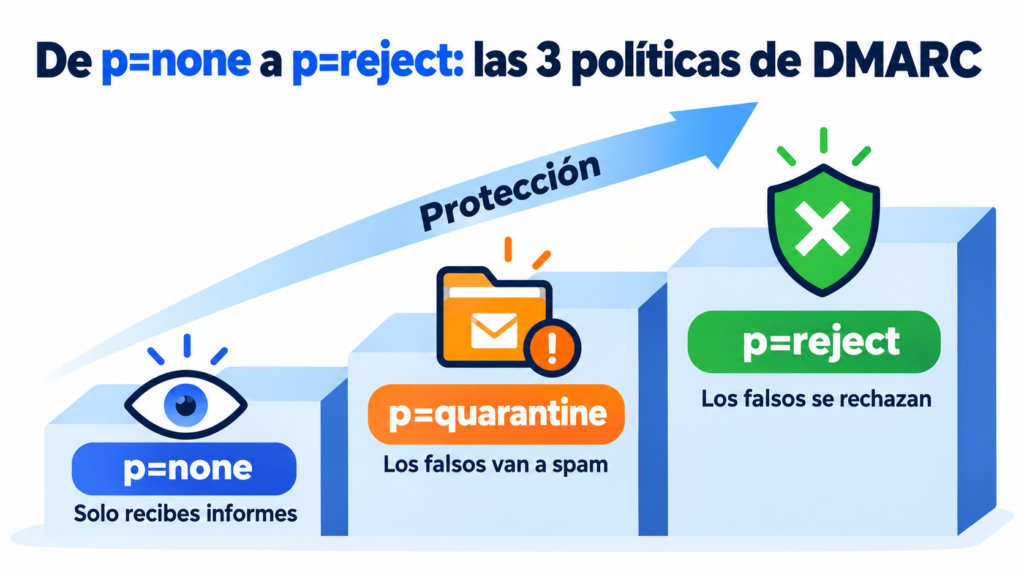 As 3 políticas do DMARC, de p=none a p=reject: só relatórios, para o spam e rejeição