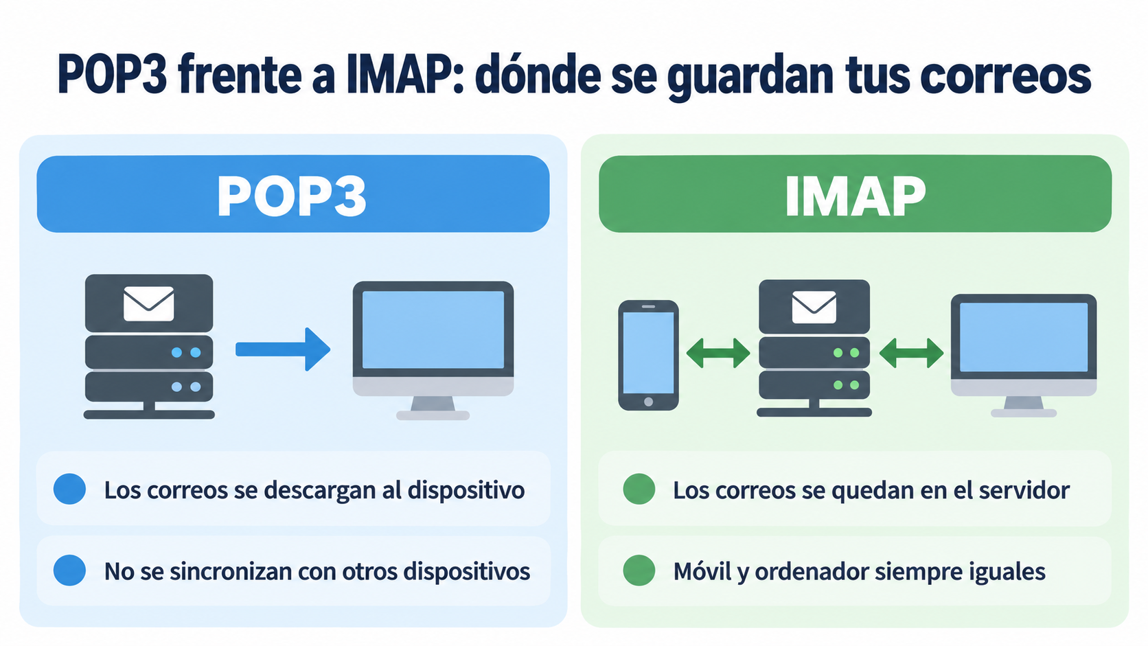 Infografía POP3 frente a IMAP: con POP3 los correos se descargan al dispositivo y no se sincronizan; con IMAP se quedan en el servidor y el móvil y el ordenador están siempre iguales