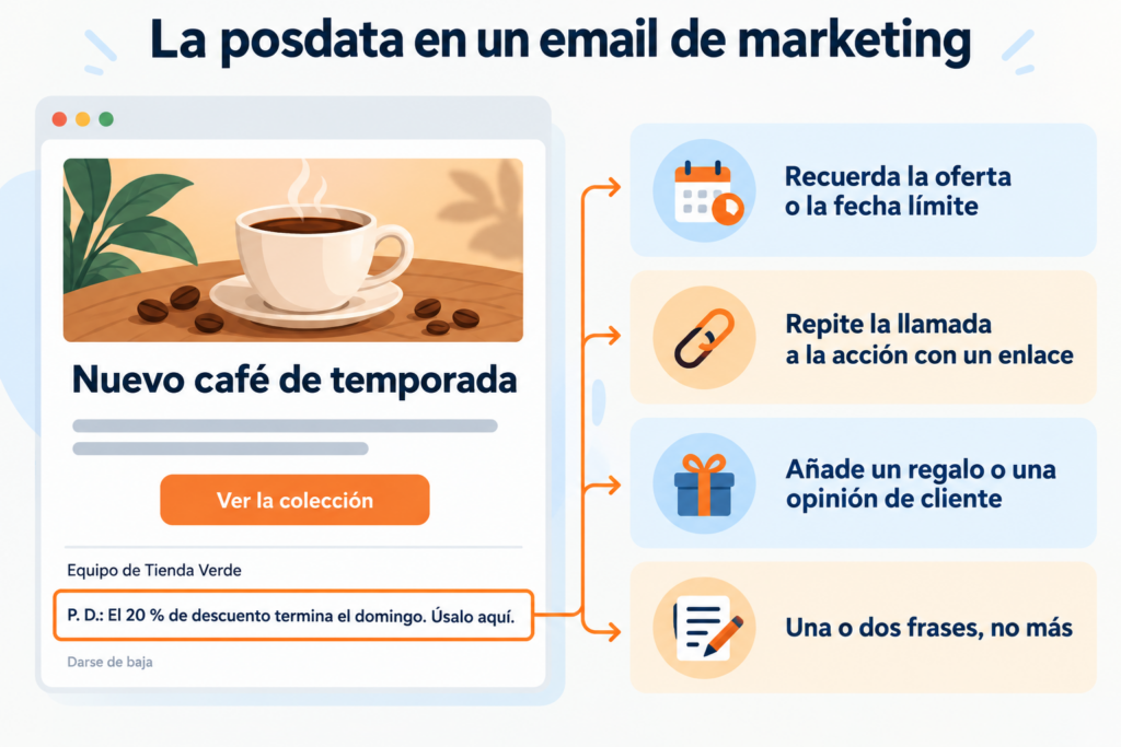 O pós-escrito num email de marketing: lembrete da oferta e link depois da assinatura