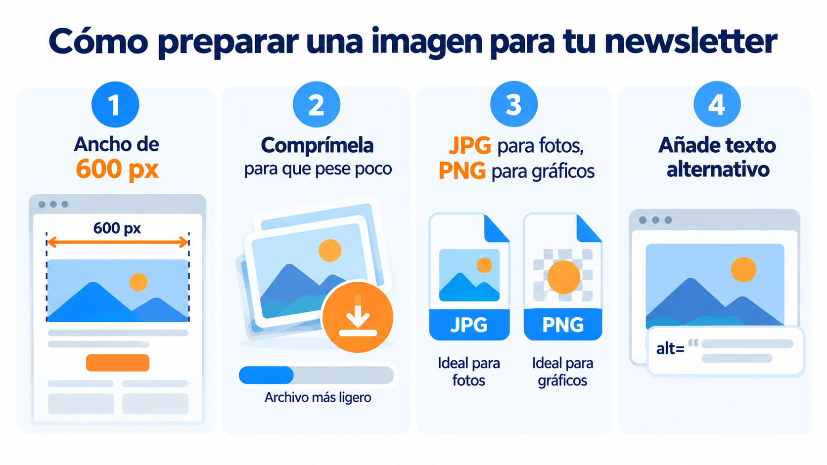 Cómo preparar una imagen para tu newsletter: ancho de 600 px, compresión, formato JPG o PNG y texto alternativo