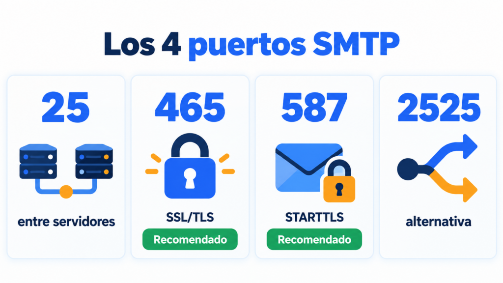 The 4 SMTP ports: 25 between servers, 465 SSL/TLS, 587 STARTTLS and 2525 as an alternative