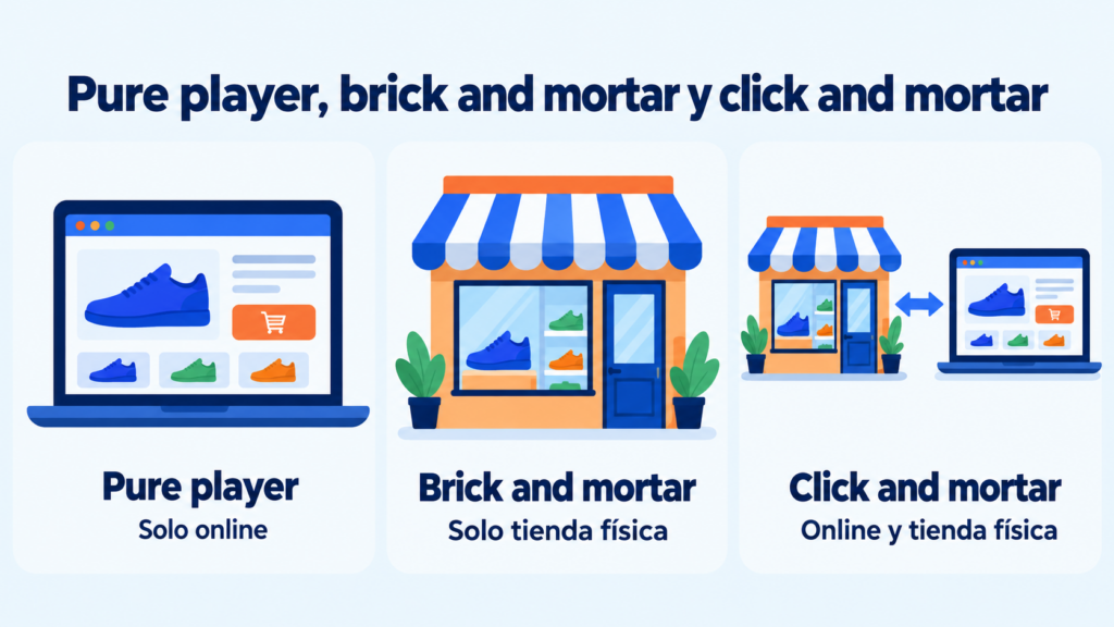 Infografía que compara pure player (solo online), brick and mortar (solo tienda física) y click and mortar (online y tienda física)