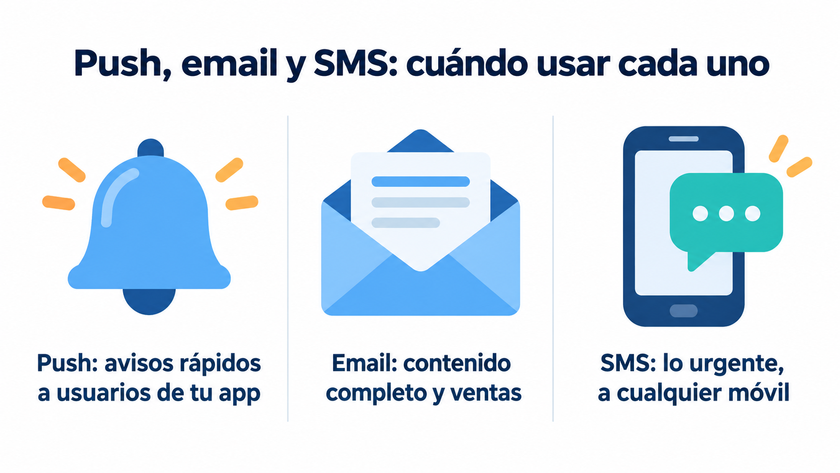 Comparativa de push, email y SMS: push para avisos rápidos a usuarios de tu app, email para contenido completo y ventas, SMS para lo urgente a cualquier móvil