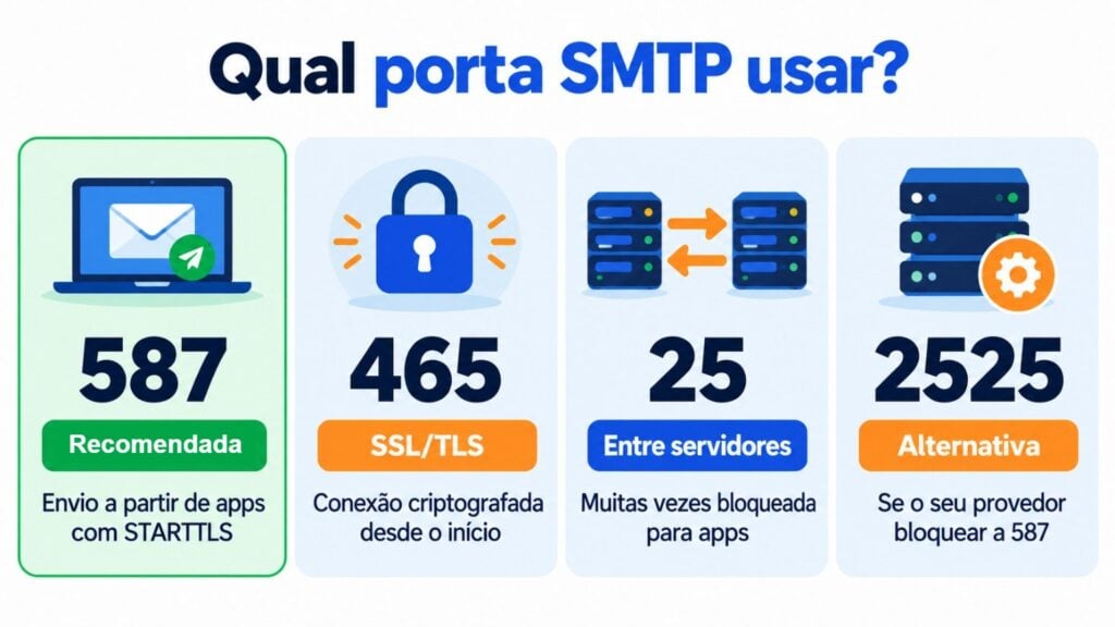 Qual porta SMTP usar: 587 recomendada com STARTTLS, 465 com SSL/TLS, 25 entre servidores e 2525 como alternativa