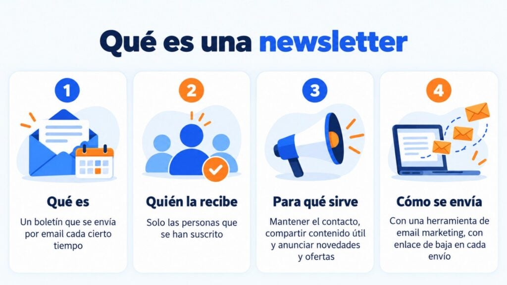 Qué es una newsletter: un boletín que se envía por email cada cierto tiempo, solo a quienes se han suscrito, para mantener el contacto, compartir contenido útil y anunciar novedades; se envía con una herramienta de email marketing y con enlace de baja