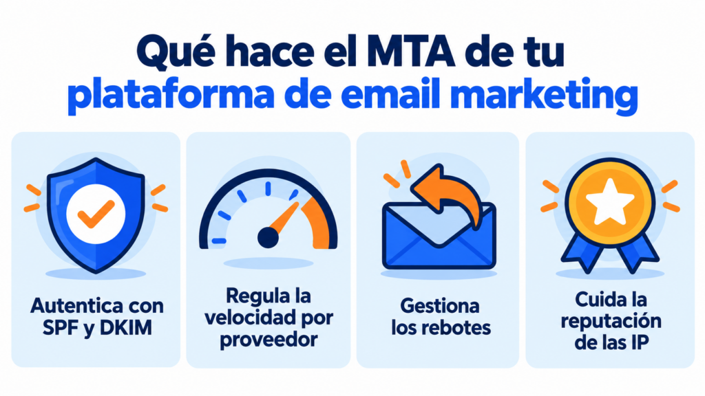 What an email marketing platform's MTA does: authenticates with SPF and DKIM, throttles speed per provider, handles bounces and protects IP reputation