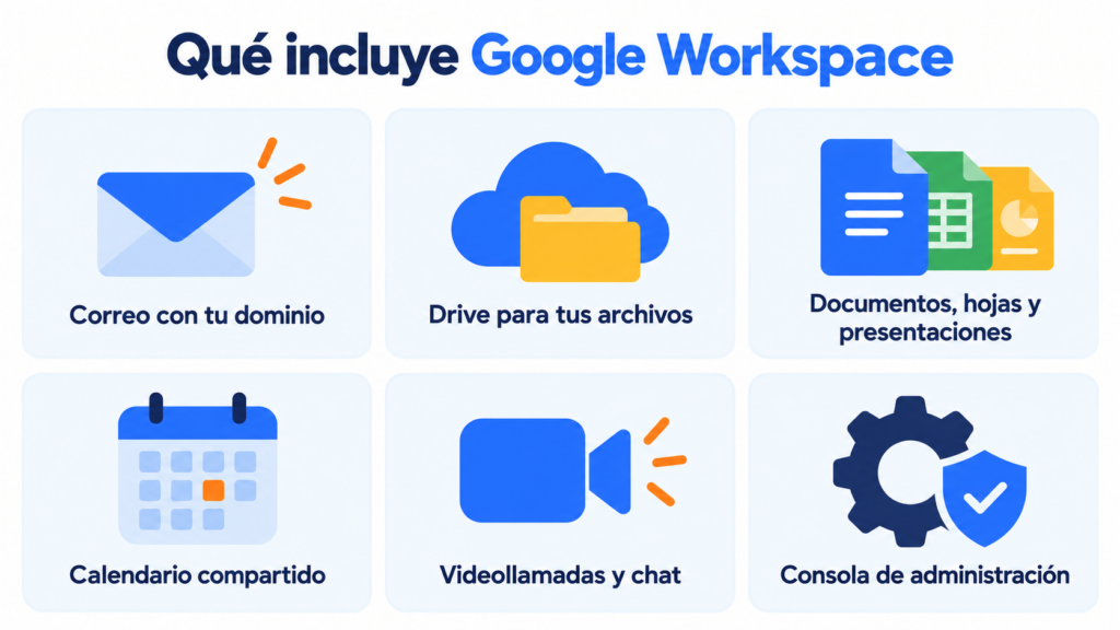 What Google Workspace includes: Gmail with your domain, Drive, Docs, Sheets and Slides, Calendar, Meet and Chat, and an admin console