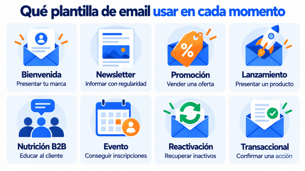 Qué plantilla de email usar en cada momento: bienvenida, newsletter, promoción, lanzamiento, nutrición B2B, evento, reactivación y transaccional