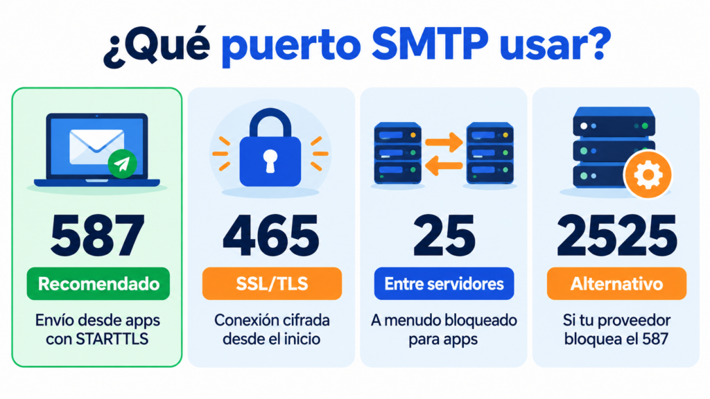 Qué puerto SMTP usar: 587 recomendado con STARTTLS, 465 con SSL/TLS, 25 entre servidores y 2525 como alternativa