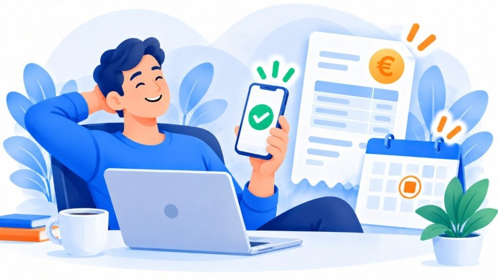 Pessoa tranquila recebendo no celular a confirmação de pagamento