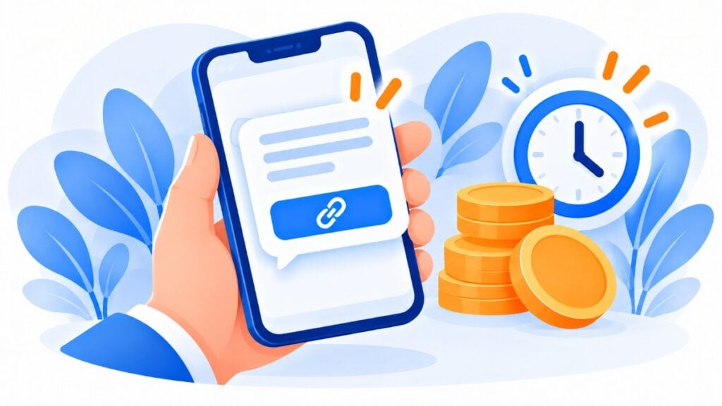 Celular com um SMS de aviso de pagamento com link, ao lado de moedas e um relógio