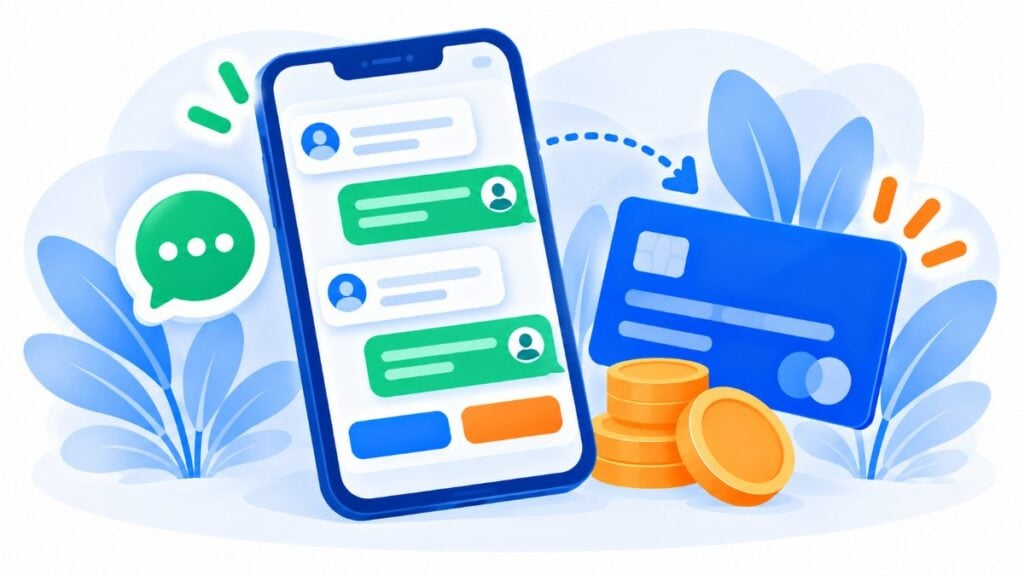 Lembrete de pagamento por WhatsApp: chat com botões e cartão de pagamento