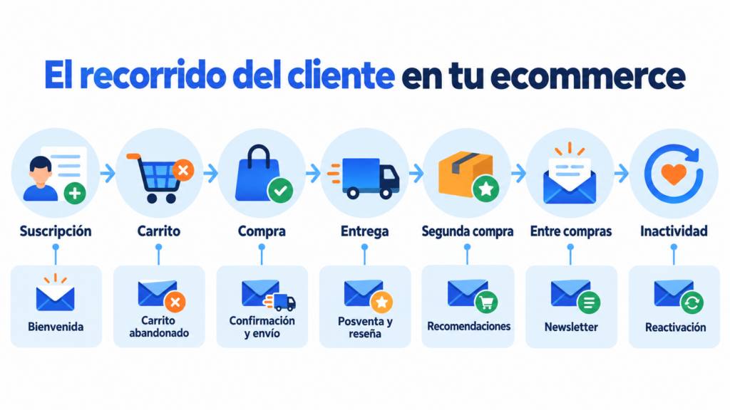 A jornada do cliente no seu ecommerce: inscrição, carrinho, compra, entrega, segunda compra, entre compras e inatividade, com o email certo em cada etapa