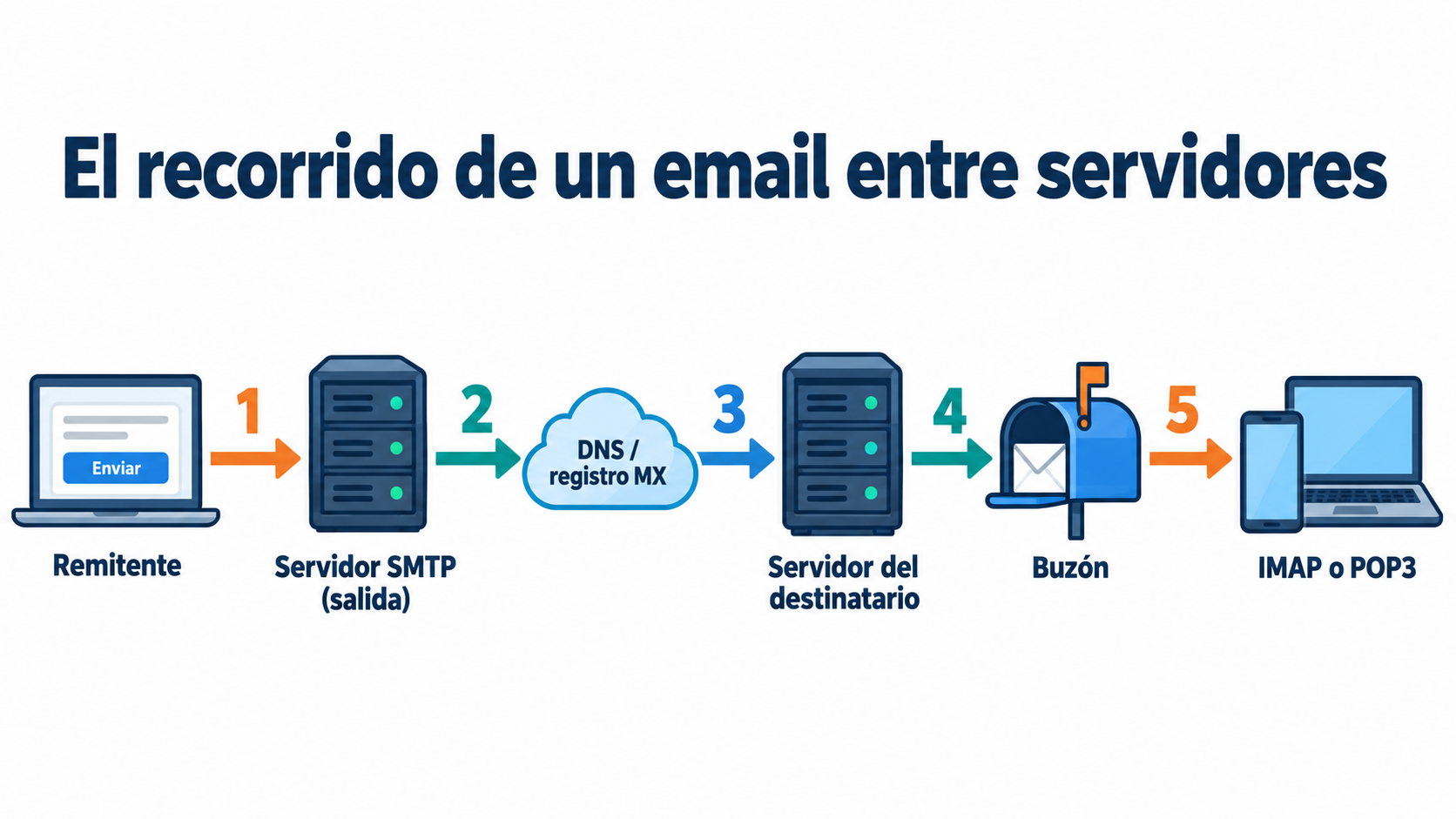 Percurso de um email entre servidores: remetente, servidor SMTP de saída, consulta DNS e registro MX, servidor do destinatário, caixa de entrada e leitura por IMAP ou POP3