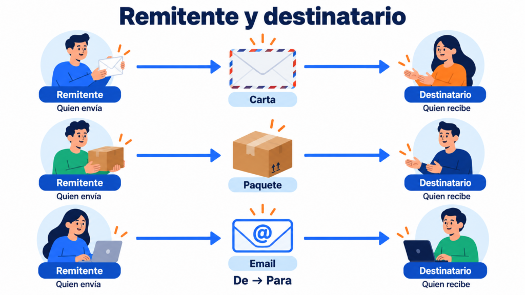 Remetente e destinatário: em uma carta, um pacote e um email, o remetente é quem envia e o destinatário é quem recebe; no email, do campo De para o campo Para