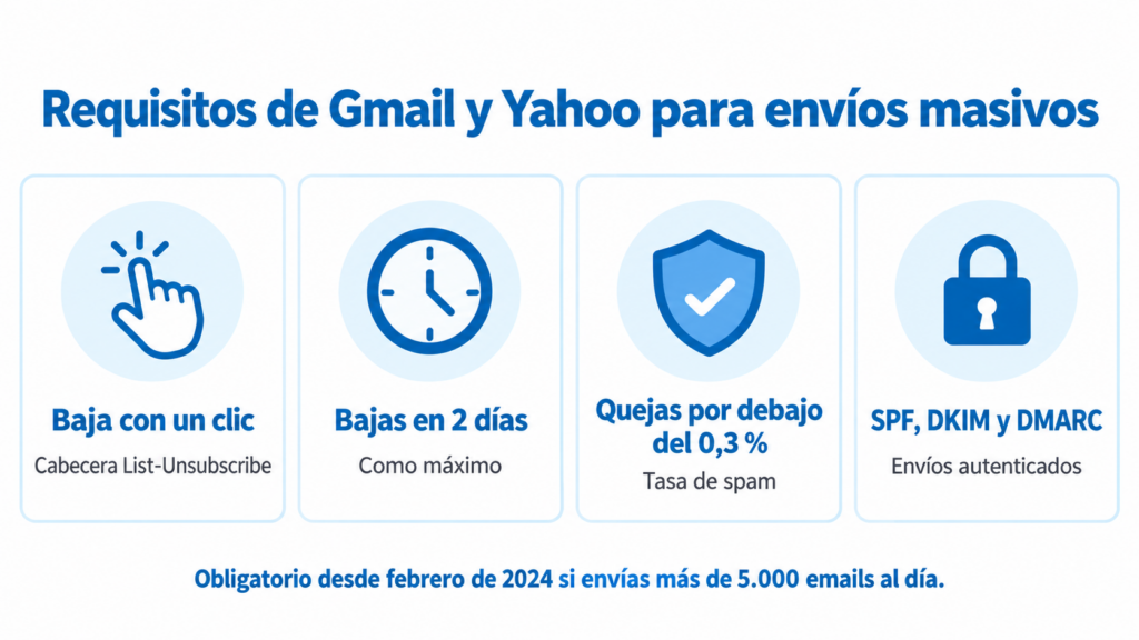 Infographic with Gmail and Yahoo requirements since 2024: one-click unsubscribe, unsubscribes within 2 days, complaints below 0.3% and SPF, DKIM and DMARC authentication