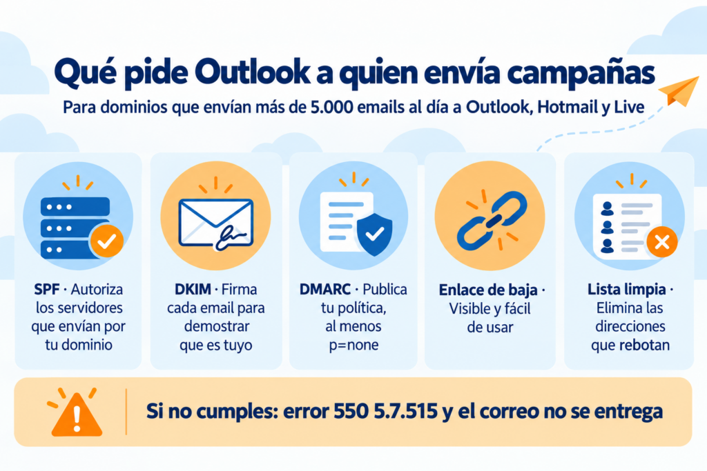 Qué pide Outlook a quien envía campañas: SPF, DKIM, DMARC, enlace de baja y lista limpia