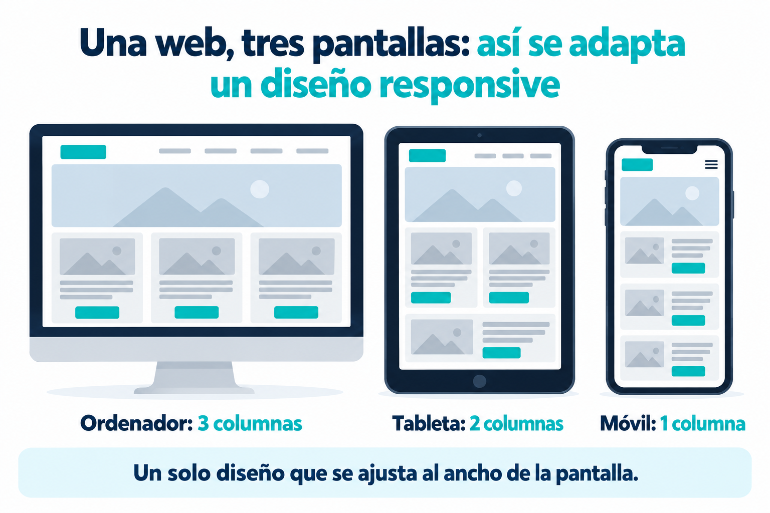 La misma página web en ordenador con 3 columnas, en tableta con 2 columnas y en móvil con 1 columna y el menú recogido
