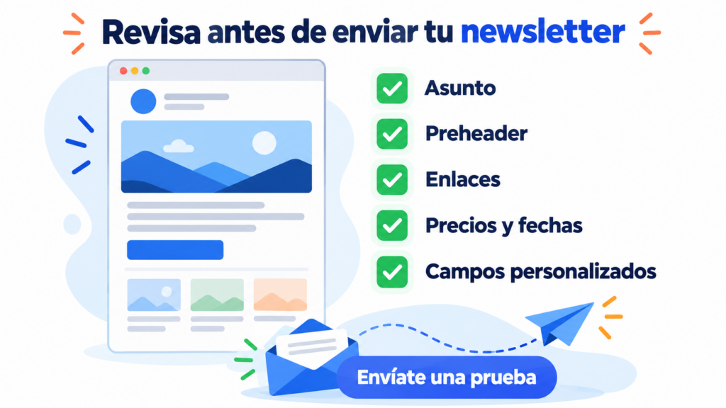 Before sending your newsletter, check the subject line, the preheader, the links, the prices and dates and the custom fields, and send yourself a test