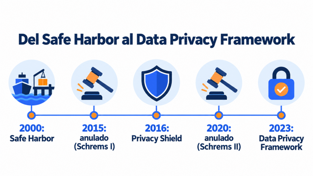 Linha do tempo do Safe Harbor ao Data Privacy Framework: 2000, 2015, 2016, 2020 e 2023
