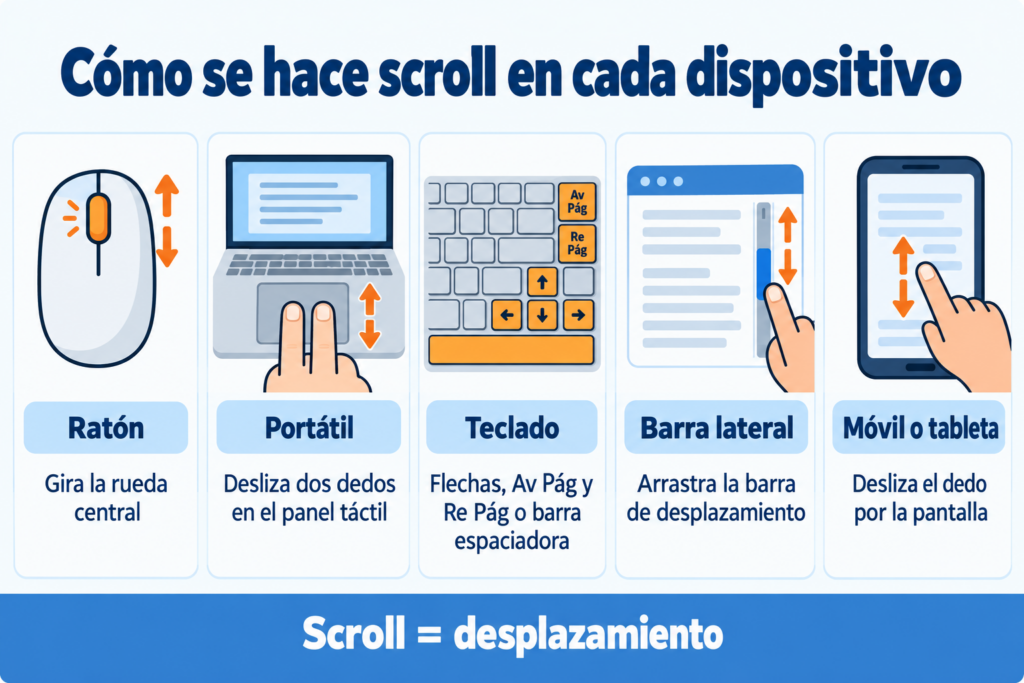 Cómo se hace scroll en cada dispositivo: ratón, portátil, teclado, barra lateral y móvil