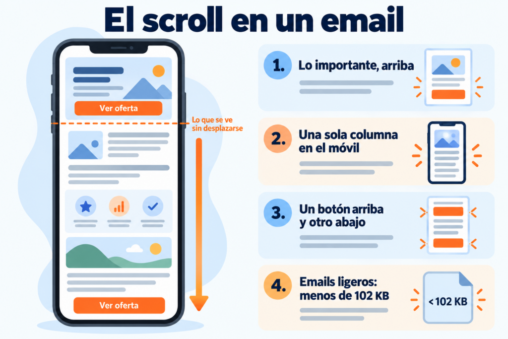 El scroll en un email: lo que se ve primero, una sola columna y un botón arriba y otro abajo
