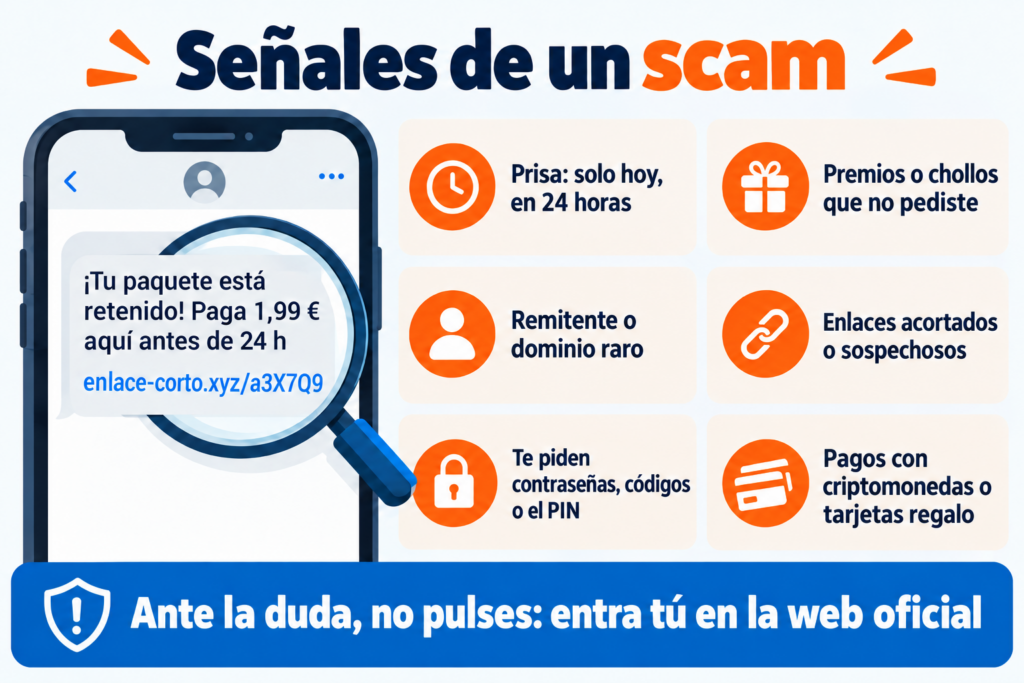Señales de un scam: prisa, premios no pedidos, remitente raro, enlaces sospechosos y petición de datos o pagos