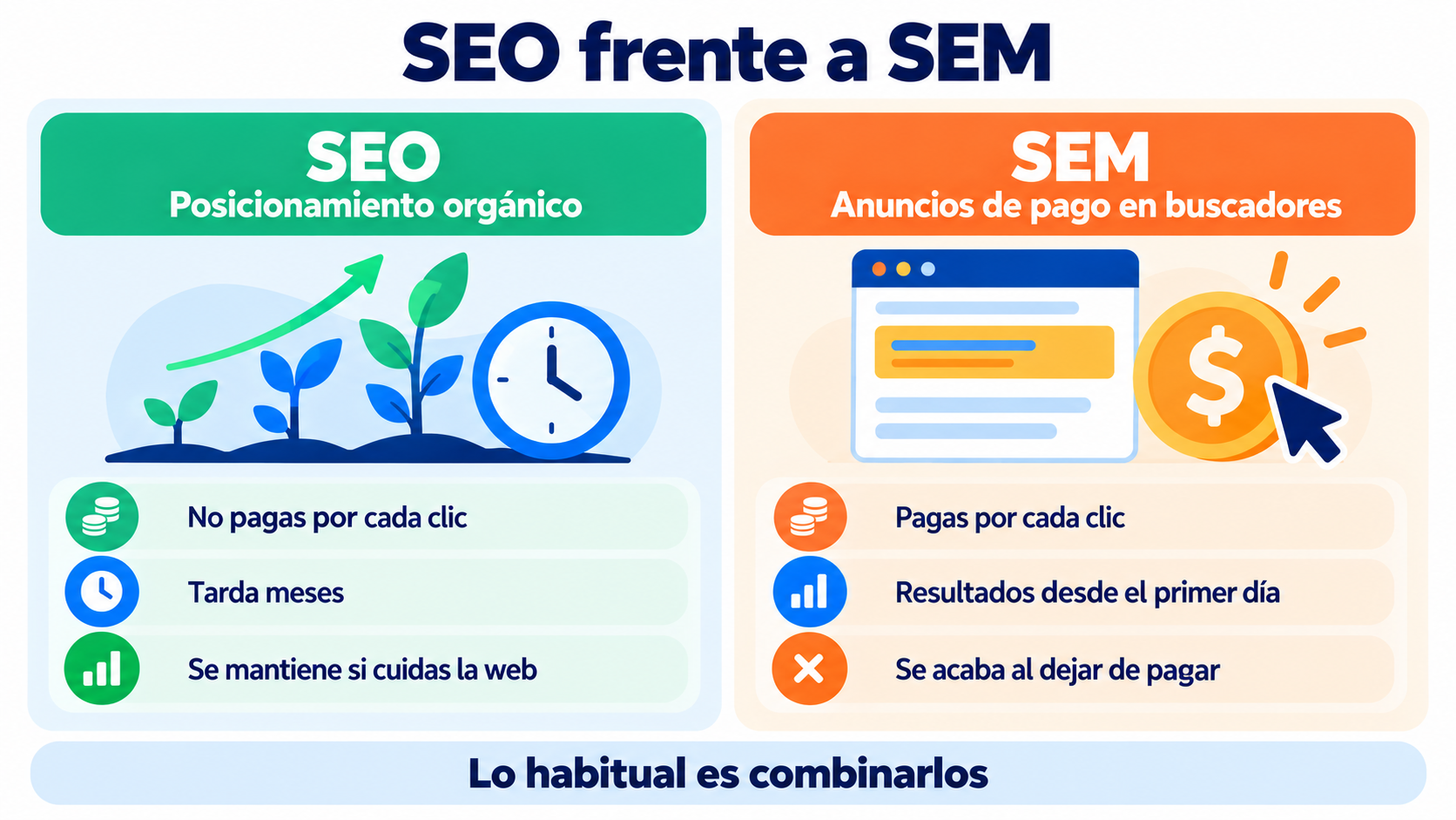 SEO frente a SEM: el posicionamiento orgánico tarda meses y se mantiene, los anuncios de pago dan resultados desde el primer día