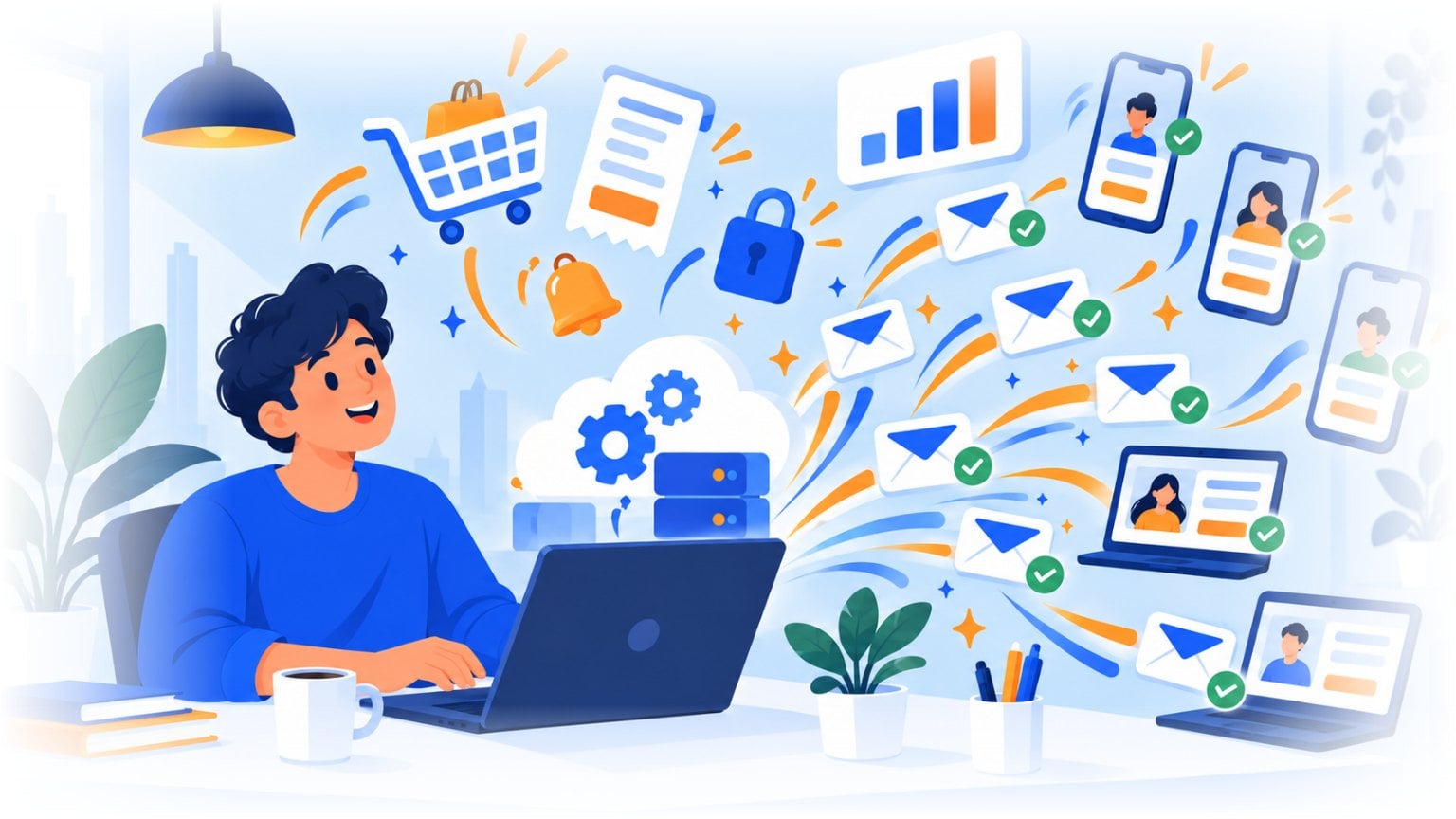 Pessoa enviando e-mails transacionais do notebook para seus clientes, com e-mails de pedidos, senhas e avisos marcados como entregues