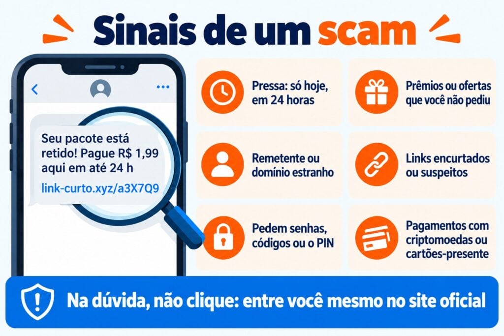 Sinais de um scam: pressa, prêmios não solicitados, remetente estranho, links suspeitos e pedidos de dados ou pagamentos