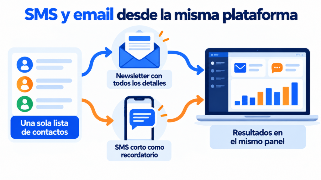SMS y email desde la misma plataforma: una sola lista de contactos, la newsletter con los detalles y un SMS corto como recordatorio, y los resultados de los dos canales en el mismo panel