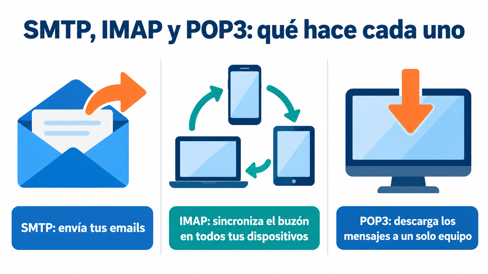 SMTP, IMAP e POP3: o SMTP envia seus emails, o IMAP sincroniza a caixa de entrada em todos os seus dispositivos e o POP3 baixa as mensagens para um único dispositivo