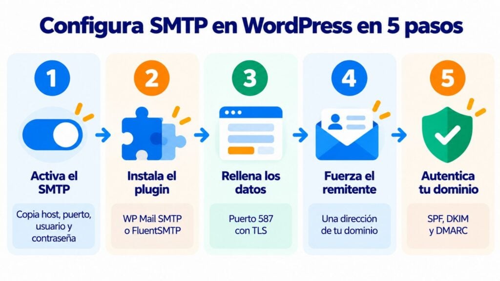 Infographic: how to set up SMTP in WordPress in 5 steps: enable SMTP, install the plugin, fill in the details, force the sender and authenticate the domain