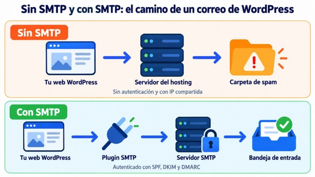 Infographic: the path of a WordPress email without SMTP (hosting server and spam folder) and with SMTP (plugin, authenticated SMTP server and inbox)