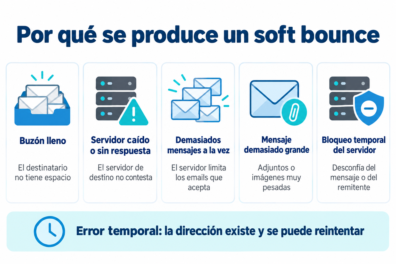Infografía con las 5 causas de un soft bounce: buzón lleno, servidor caído, demasiados mensajes, mensaje demasiado grande y bloqueo temporal