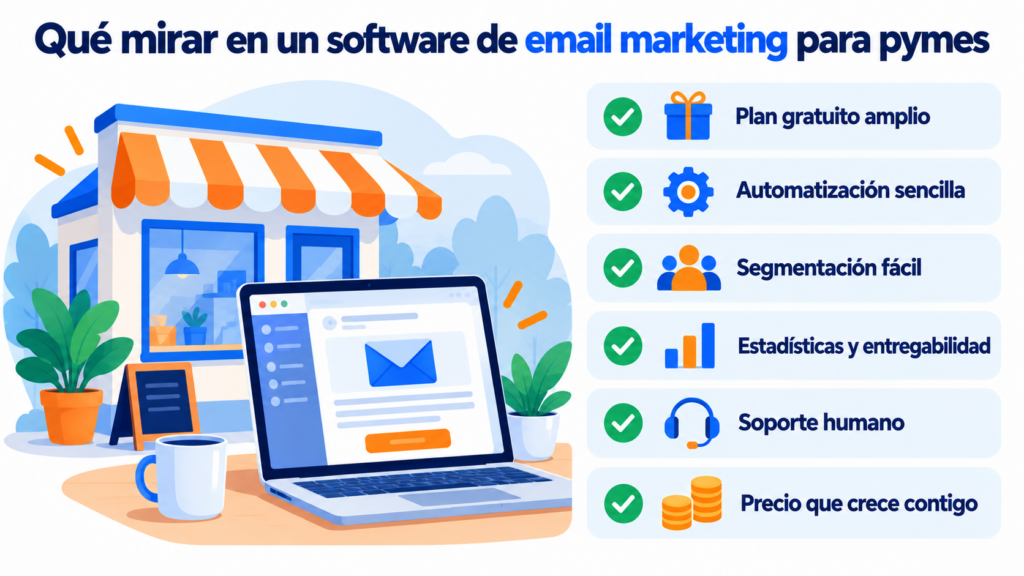 Qué mirar en un software de email marketing para pymes: plan gratuito amplio, automatización sencilla, segmentación fácil, estadísticas y entregabilidad, soporte humano y precio que crece contigo