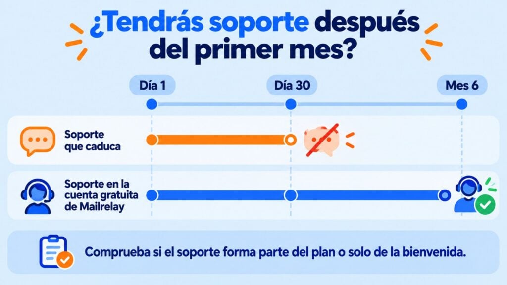 Infographic: timeline from day 1 to month 6 comparing support that expires after 30 days with Mailrelay's free account support, which doesn't expire