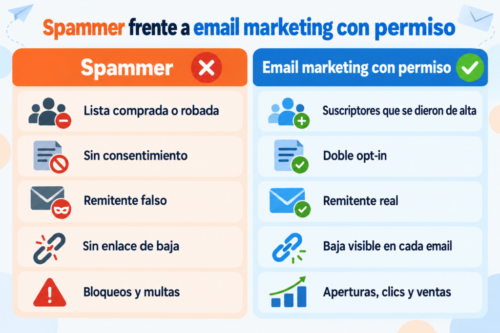 Spammer versus email marketing com permissão: lista, consentimento, remetente, descadastro e resultado
