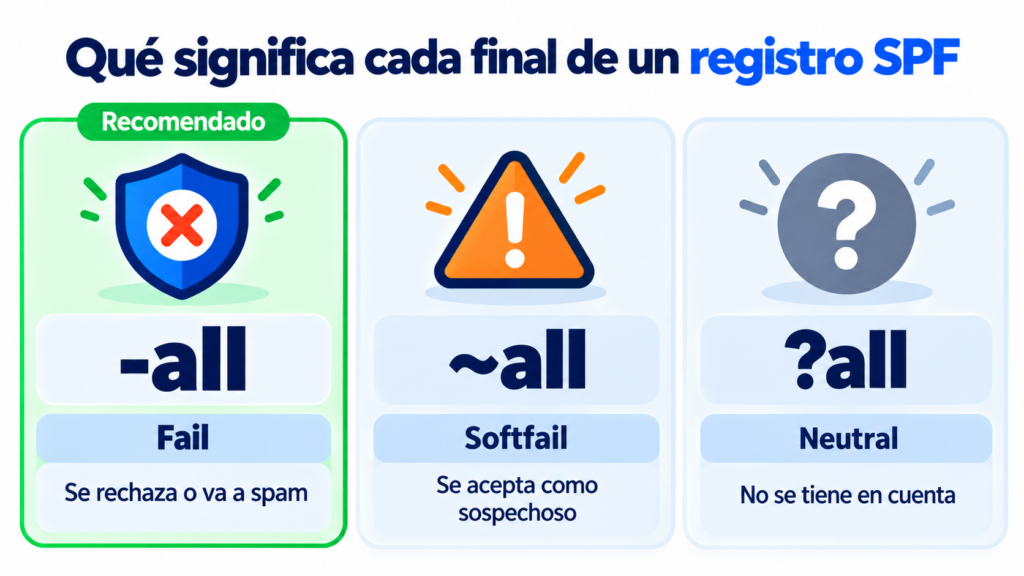 What each ending of an SPF record means: -all fails and is rejected, ~all is a soft failure and ?all is neutral