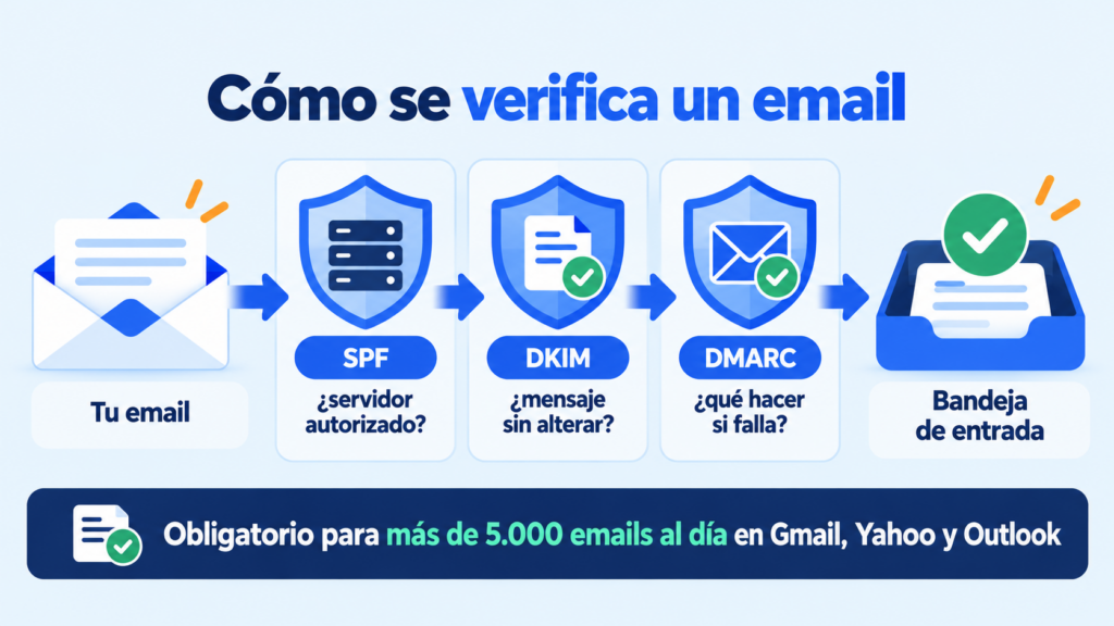 SPF, DKIM y DMARC: cómo verifican Gmail, Yahoo y Outlook que tus emails son legítimos