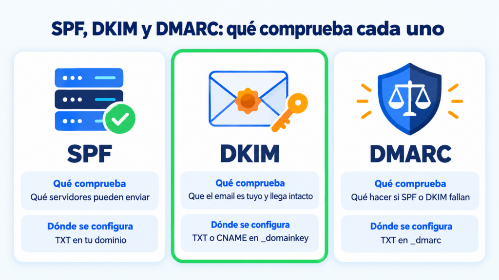 SPF, DKIM and DMARC: what each one checks. SPF authorizes the servers, DKIM signs the message and DMARC decides what to do if they fail