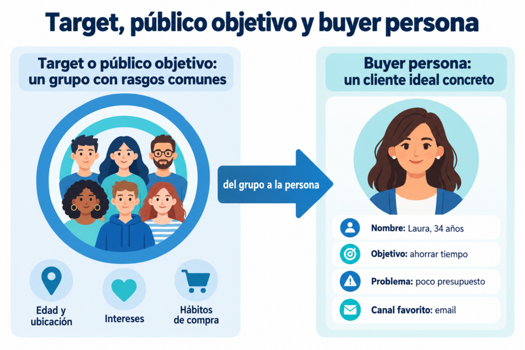 Infográfico que compara o target ou público-alvo, um grupo com características em comum, com a buyer persona, um cliente ideal específico