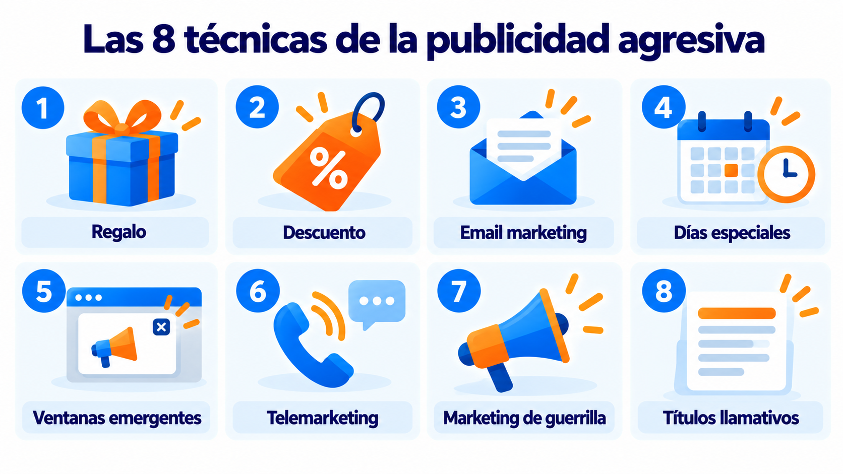 Las 8 técnicas de la publicidad agresiva: regalo, descuento, email marketing, días especiales, ventanas emergentes, telemarketing, guerrilla y títulos llamativos