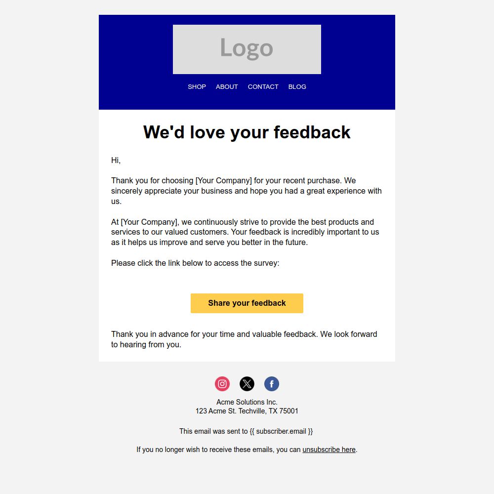 Preview of the Feedback email template