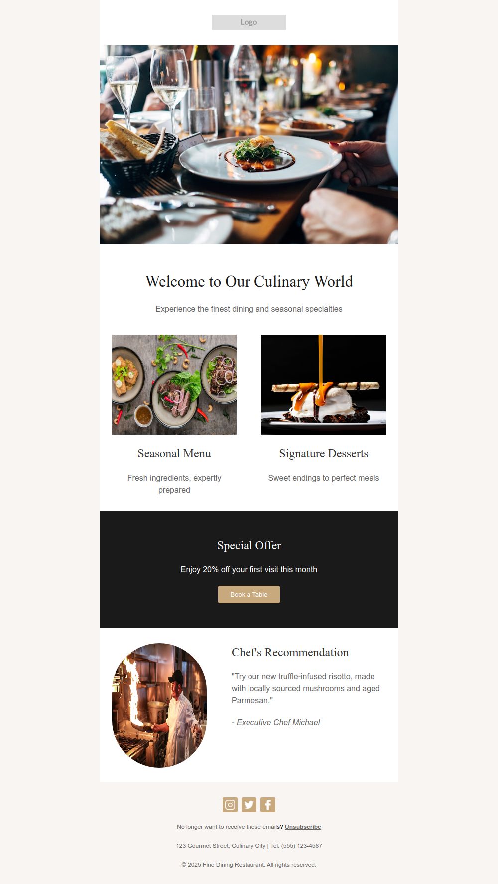 Preview of the Culinary experience email template