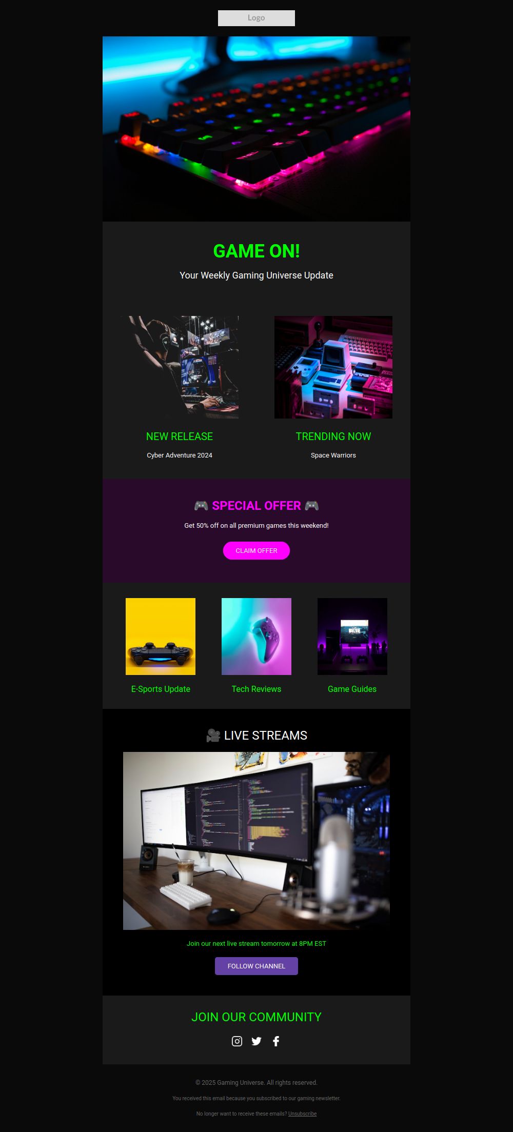 Prévia do modelo de email Atualização do Universo dos Jogos