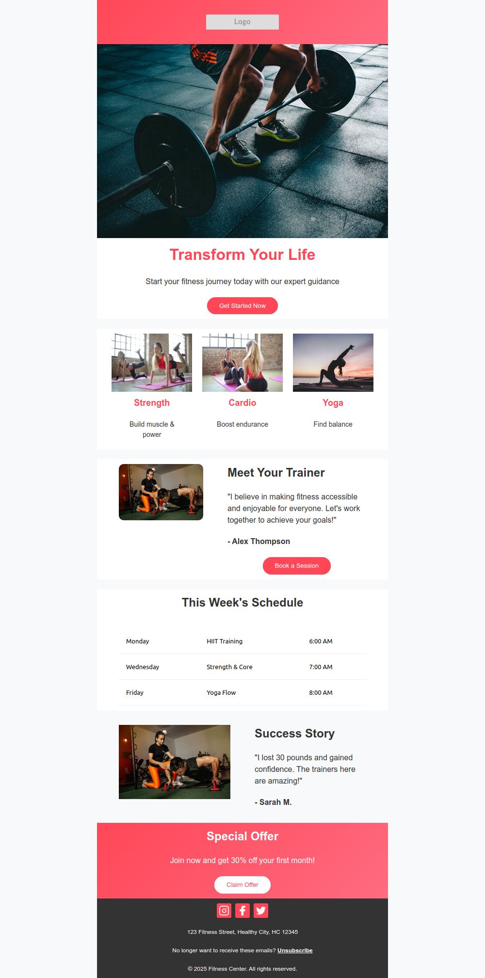 Preview of the Fitness Promo email template