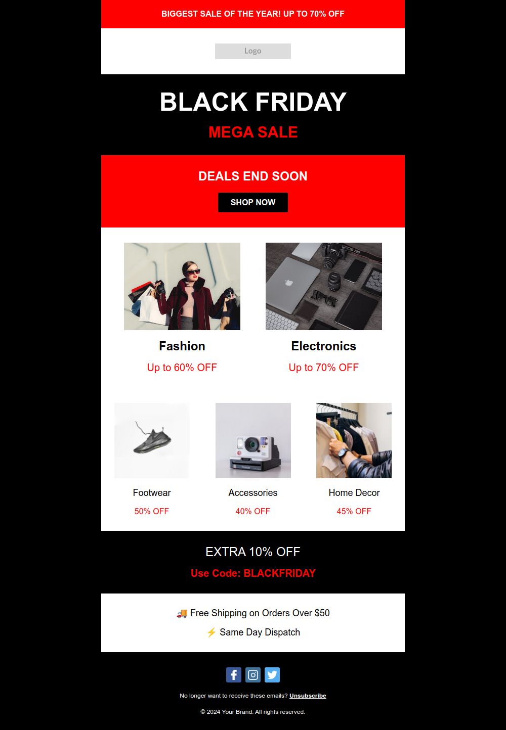 Prévia do modelo de email Mega promoção da Black Friday