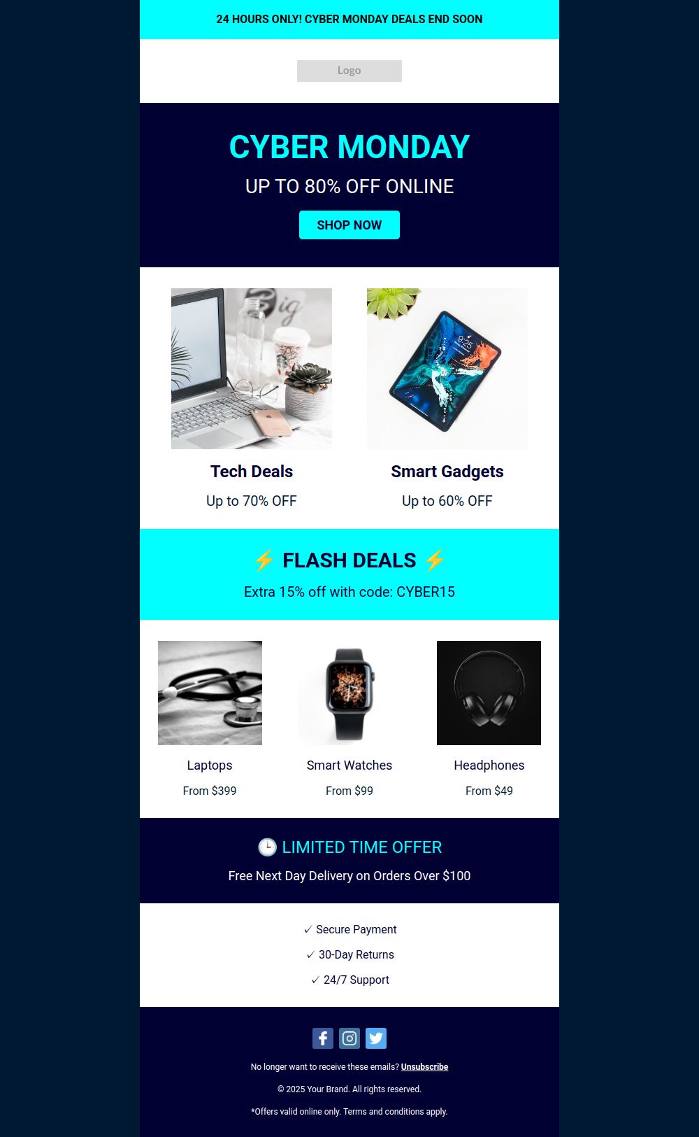 Preview of the Cyber Monday Deals email template